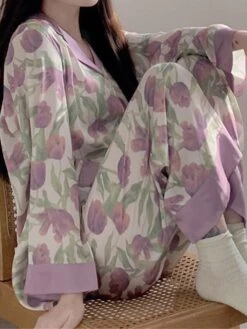 Women's Pajamas Sets Flower Romantic Casual Comfort Home Bed Satin Breathable Lapel Long Sleeve Shirt Pant Button Pocket Fall Winter Purple -Ladies Pajamas Store tozrxh1697161949099