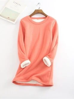 Women's Fleece Lounge Top Pure Color Warm Fashion Casual Home Street Daily Cotton Warm Crew Neck Long Sleeve Pullover Winter Denim Blue Melon Red -Ladies Pajamas Store tpaxxl1693986237073