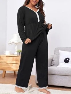 Women's Plus Size Loungewear Sets Patchwork Fashion Comfort Soft Home Daily Bed Polyester Warm Breathable V Wire Long Sleeve Pullover Pant Fall Winter Black Gray -Ladies Pajamas Store tpcgaz1693986240068