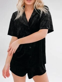 Women's Pajamas Pajama Top And Pant Sets Pure Color Simple Casual Comfort Home Daily Bed Polyester Breathable Lapel Short Sleeve Shirt Shorts Button Pocket Spring Summer Black Purple -Ladies Pajamas Store tpoqvo1673406730099