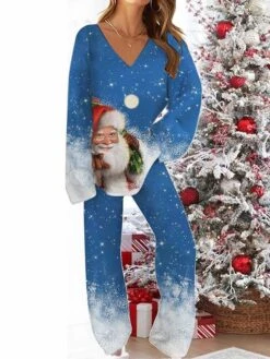 Women's Christmas Pajamas Sets Santa Claus Snowflake Warm Comfort Soft Home Christmas Daily Polyester Gift V Wire Long Sleeve Pant Fall Winter Blue Dark Blue -Ladies Pajamas Store tptocn1697701130795