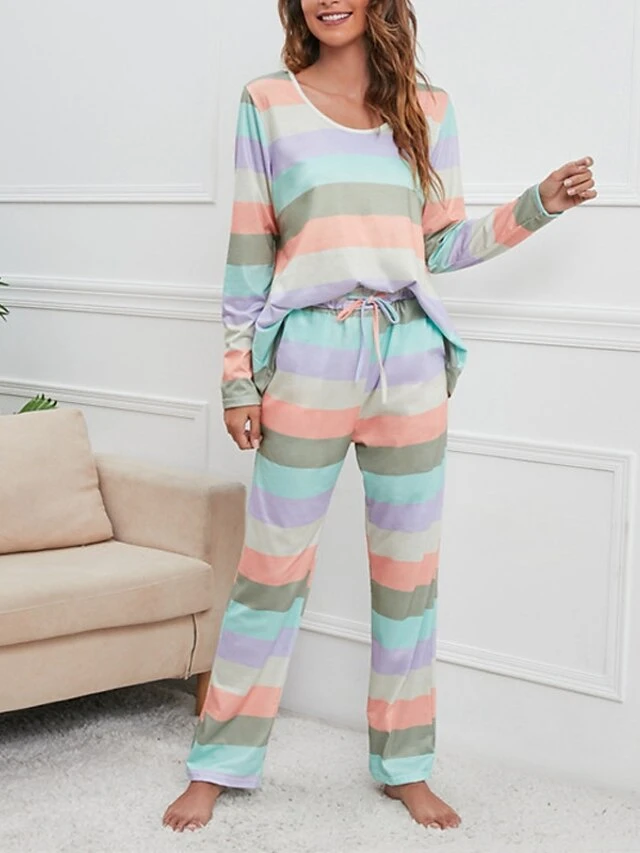 Women's Pajamas Nighty Pjs Sets 2 Pieces Rainbow Stripe Fashion Comfort Soft Home Daily Bed Cotton Breathable V Wire Long Sleeve T Shirt Tee Pant Spring Fall Yellow Blue 8 Women's Pajamas Nighty Pjs Sets 2 Pieces Rainbow Stripe Fashion Comfort Soft Home Daily Bed Cotton Breathable V Wire Long Sleeve T Shirt Tee Pant Spring Fall Yellow Blue - Image 6