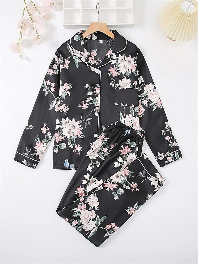 Women's Pajamas Sets Flower Fashion Comfort Soft Home Daily Bed Satin Breathable Lapel Long Sleeve Shirt Pant Button Pocket Fall Winter Black Gray 9 Women's Pajamas Sets Flower Fashion Comfort Soft Home Daily Bed Satin Breathable Lapel Long Sleeve Shirt Pant Button Pocket Fall Winter Black Gray - Image 7