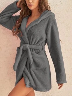 Women's Fleece Robes Gown Pjs Pure Color Simple Plush Comfort Home Daily Bed Warm V Wire Long Sleeve Pocket Fall Winter Black Gray -Ladies Pajamas Store trhulb1665661975850