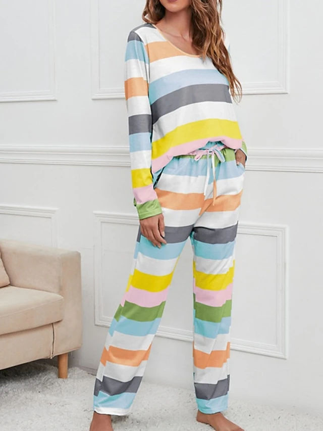 Women's Pajamas Nighty Pjs Sets 2 Pieces Rainbow Stripe Fashion Comfort Soft Home Daily Bed Cotton Breathable V Wire Long Sleeve T Shirt Tee Pant Spring Fall Yellow Blue 21 Women's Pajamas Nighty Pjs Sets 2 Pieces Rainbow Stripe Fashion Comfort Soft Home Daily Bed Cotton Breathable V Wire Long Sleeve T Shirt Tee Pant Spring Fall Yellow Blue - Image 19