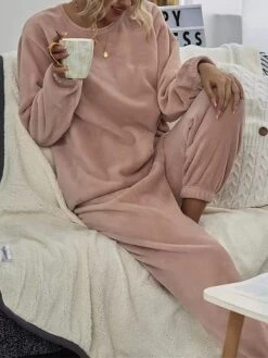 Women's Flannel Lounge Sets 2 Pieces Pure Color Fashion Casual Comfort Street Daily Date Polyester Warm Crew Neck Long Sleeve Pant Fall Winter Lotus Pink Pink