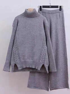 Women's Lounge Sets Sweater Sets Knit Sets Pure Color Fashion Casual Comfort Street Daily Date Nylon Breathable High Neck Long Sleeve Sweater Pant Fall Winter Black Pink -Ladies Pajamas Store ttyzid1691566044683