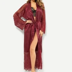 Women's Bathrobe Robes Gown Nighty Silk Kimono 1 PCS Pure Color Simple Casual Comfort Party Home Wedding Party Satin Gift V Neck Long Sleeve Lace Belt Included Summer Spring Black White