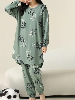 Women's Cotton Pajamas Sets Letter Panda Casual Comfort Home Bed Breathable Crew Neck Long Sleeve Pullover Pant Pocket Fall Winter White Yellow -Ladies Pajamas Store tvawlz1696923344384