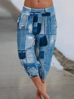 Women's Plus Size Loungewear Pants Patchwork Geometic Ultra Slim Casual Comfort Home Daily Vacation Polyester Breathable Button Pocket Summer Spring Blue