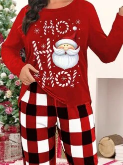 Women's Christmas Pajama Top Letter Santa Claus Warm Comfort Home Daily Spandex Crew Neck Fall Winter Black Red