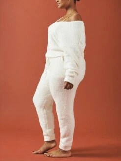 Women's Pajamas Sets Pure Color Warm Fashion Casual Home Daily Bed Polyester Breathable Crew Neck Long Sleeve Pant Fall Winter White Pink -Ladies Pajamas Store txpxsj1692348314542