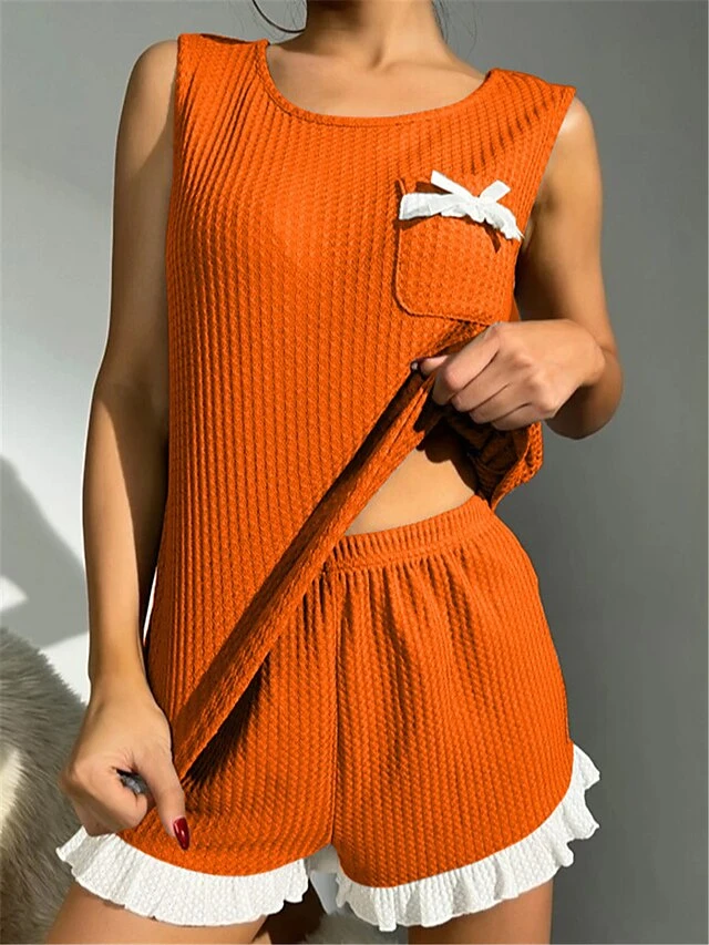 Women's Pajamas Pajama Top And Pant Sets Pure Color Simple Casual Soft Home Daily Bed Waffle Fabric Breathable Crew Neck Sleeveless Shorts Summer Spring Yellow Pink 12 Women's Pajamas Pajama Top And Pant Sets Pure Color Simple Casual Soft Home Daily Bed Waffle Fabric Breathable Crew Neck Sleeveless Shorts Summer Spring Yellow Pink - Image 10