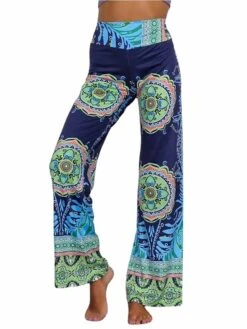 Women's Loungewear Pants Wide Leg Boho Pants Tribal Print Fashion Casual Comfort Street Date Airport Cotton Breathable Long Pants Elastic Wide Waistband Summer Spring Green -Ladies Pajamas Store tzfsov1684410456173