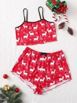 Women's Christmas Lounge Sets Letter Santa Claus Fashion Comfort Soft Home Daily Polyester Breathable Straps Sleeveless Strap Top Shorts Elastic Waist Fall Winter Red Elk Red Snowman -Ladies Pajamas Store tzunkb1696231996726