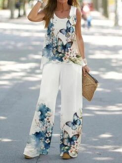 Women's Petite Sets 2 Pieces Flower Casual Comfort Street Daily Polyester Breathable Crew Neck Sleeveless Pant Summer Spring Black White