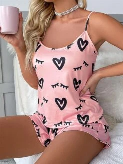 Women's Heart Print Pajamas Sets Cami Top And Shorts SetsElastic Waist Casual Comfort Soft Home Daily Bed Polyester Breathable Summer Spring Pink -Ladies Pajamas Store ucaucm1685499589803