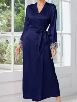 Women's Satin Silk Bathrobe Robe Embroidered Lace Decoration Long Sleeve Nightgown Pure Color Fashion Casual Comfort Home Daily Bed Summer Fall Black Pink -Ladies Pajamas Store udacph1689506618304