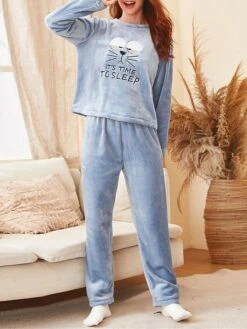 Women's Fuzzy Pajamas Sets Cartoon Cat Fashion Casual Soft Home Daily Bed Flannel Breathable Crew Neck Long Sleeve Pant Fall Winter Blue