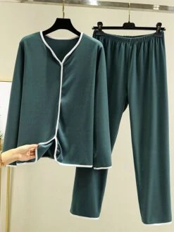 Women's Pajamas Sets Patchwork Warm Fashion Plush Home Daily Bed Cotton Warm Breathable V Wire Long Sleeve Shirt Pant Button Fall Winter Korean Fans Yellow -Ladies Pajamas Store udflfv1695281891028