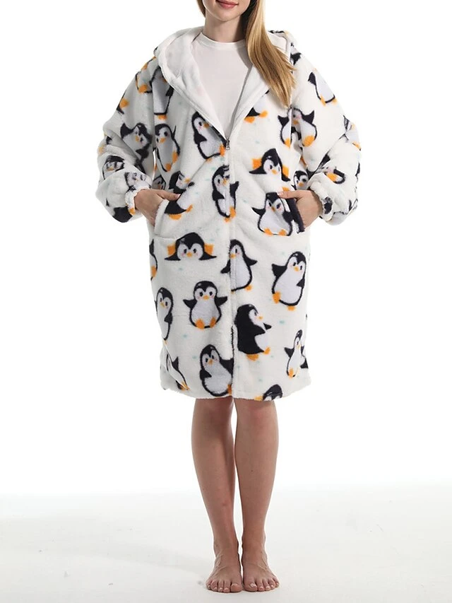 Women's Robe Penguin Plush Casual Comfort Home Daily Bed Flannel Warm Breathable Hoodie Long Sleeve Pocket Fall Winter White 7 Women's Robe Penguin Plush Casual Comfort Home Daily Bed Flannel Warm Breathable Hoodie Long Sleeve Pocket Fall Winter White - Image 5