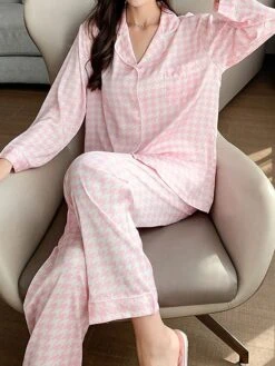 Women's Loungewear Sets Grid / Plaid Fashion Comfort Soft Home Daily Bed Ice Silk Breathable Lapel Long Sleeve Shirt Pant Button Pocket Fall Winter Black Pink -Ladies Pajamas Store udseoy1694766973867
