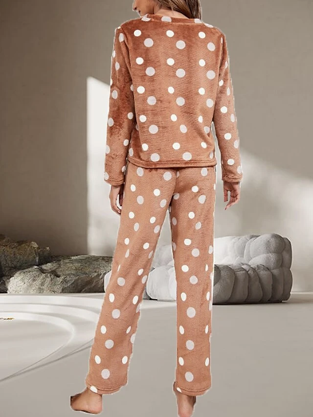 Women's Flannel Pajamas Sets Top And Pant Sets Dot Fashion Casual Soft Home Daily Bed Flannel Warm Breathable Crew Neck Long Sleeve Pant Fall Winter Brown 4 Women's Flannel Pajamas Sets Top And Pant Sets Dot Fashion Casual Soft Home Daily Bed Flannel Warm Breathable Crew Neck Long Sleeve Pant Fall Winter Brown - Image 2