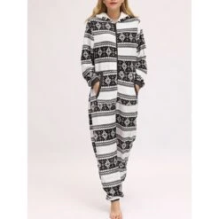 Women's Pajamas Jumpsuit Elk Snowflake Warm Fashion Casual Xmas Home Christmas Daily Polyester Breathable Hoodie Long Sleeve Pocket Fall Winter Black White -Ladies Pajamas Store uhlhdm1692348358440