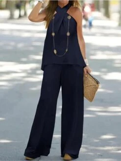 Women's Loungewear Sets Pure Color Simple Casual Comfort Street Daily Date Polyester Breathable Halter Sleeveless Tank Top And Wide Leg Pants Summer Spring White Navy Blue 10 Women's Loungewear Sets Pure Color Simple Casual Comfort Street Daily Date Polyester Breathable Halter Sleeveless Tank Top And Wide Leg Pants Summer Spring White Navy Blue -Ladies Pajamas Store uhqaur1681730731472