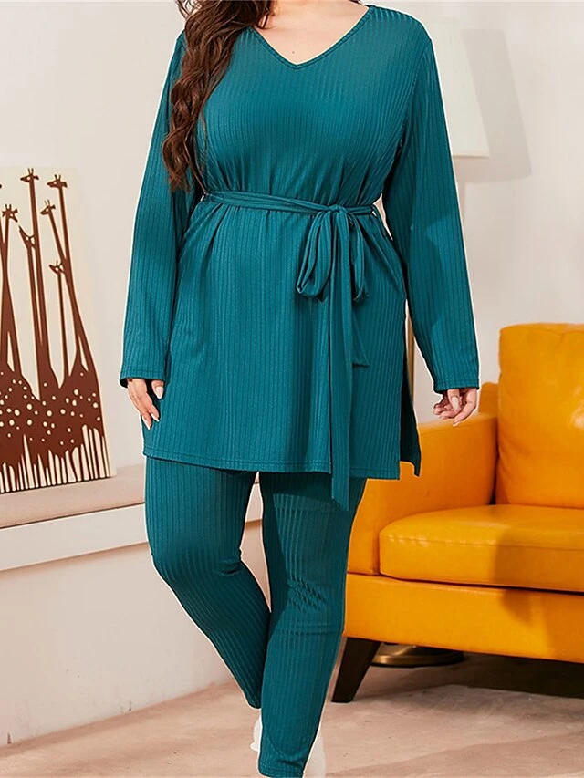 Women's Plus Size Loungewear Sets Pure Color Simple Casual Comfort Home Daily Vacation Polyester Breathable V Wire Long Sleeve T Shirt Tee Pant Fall Spring Green 7 Women's Plus Size Loungewear Sets Pure Color Simple Casual Comfort Home Daily Vacation Polyester Breathable V Wire Long Sleeve T Shirt Tee Pant Fall Spring Green - Image 5