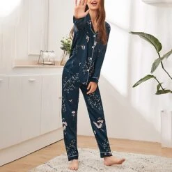 Women's Pajamas Sets Pjs 2 Pieces Flower Simple Hot Comfort Party Home Daily Satin Lapel Long Sleeve Shirt Pant Elastic Waist Fall Spring 6003 6020 -Ladies Pajamas Store uimpke1665566646603