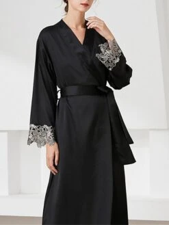 Women's Satin Silk Bathrobe Robe Embroidered Lace Decoration Long Sleeve Nightgown Pure Color Fashion Casual Comfort Home Daily Bed Summer Fall Black Pink -Ladies Pajamas Store ukfswa1689506616921
