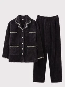 Women's Pajamas Sets Pure Color Warm Comfort Soft Home Daily Bed Flannel Warm Breathable Crew Neck Long Sleeve Cardigan Pant Button Pocket Fall Winter JY5128 JY5136 -Ladies Pajamas Store ukqcol1693206681507