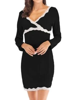 Women's Pajamas Nightgown Nighty Pure Color Simple Comfort Home Daily Bed Modal Breathable Gift V Wire Long Sleeve Lace Basic Spring Summer Black Gray -Ladies Pajamas Store uldfeb1647237802157