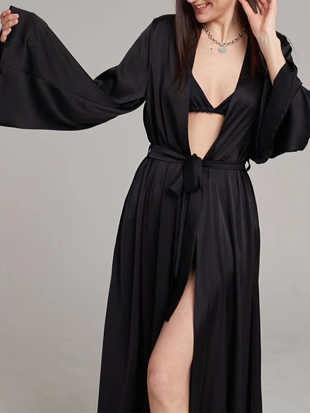 Women's Pajamas Bathrobe Robes Gown Pure Color Simple Casual Comfort Wedding Party Satin Breathable V Wire Long Sleeve Fall Winter Black White 10 Women's Pajamas Bathrobe Robes Gown Pure Color Simple Casual Comfort Wedding Party Satin Breathable V Wire Long Sleeve Fall Winter Black White - Image 8