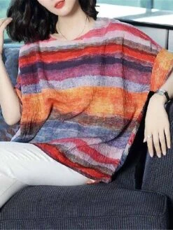 Women's Loungewear Top Rainbow Stripe Fashion Casual Street Date Airport Polyester Breathable Crew Neck Half Sleeve Backless Summer Spring Rainbow