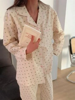 Women's Cotton Pajamas Sets Fruit Print Casual Comfort Sweet Home Daily Bed Cotton Breathable Lapel Long Sleeve Shirt Pant Button Pocket Summer Fall Pink Beige
