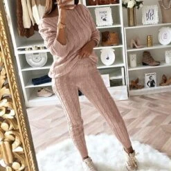 Women's Loungewear Sweatsuit Sets 2 Pieces Pure Color Warm Fashion Sport Home Street Airport Knit Off Shoulder Long Sleeve Sweater Pant Fall Winter Lotus Pink Black -Ladies Pajamas Store umwtks1665646637101