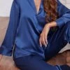 Women's Pajamas Sets Pure Color Simple Casual Comfort Home Daily Bed Satin Breathable V Wire Long Sleeve Shirt Pant Button Fall Winter Black Champagne -Ladies Pajamas Store unbtfn1696751780976