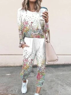 Women's Sets 2 Pieces Geometic Flower Casual Comfort Home Daily Polyester Breathable Crew Neck Long Sleeve Pullover Pant Pocket Fall Winter Light Pink White -Ladies Pajamas Store unnals1694605739908