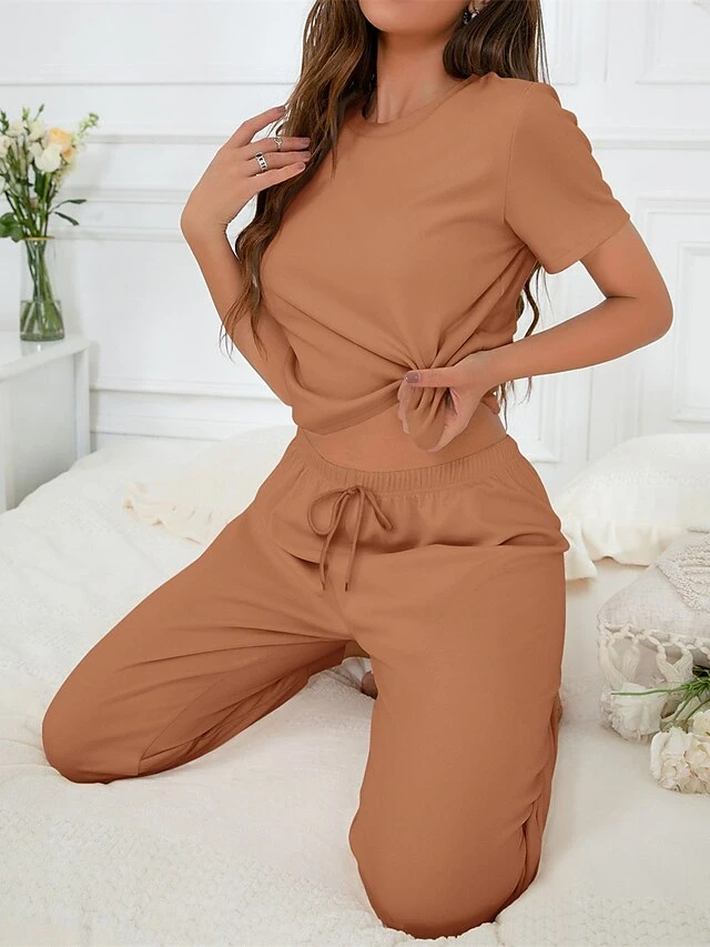 Women's Loungewear Sets 2 Pieces Pure Color Fashion Casual Comfort Street Daily Date Polyester Breathable Crew Neck Short Sleeve Pant Summer Fall Black White 5 Women's Loungewear Sets 2 Pieces Pure Color Fashion Casual Comfort Street Daily Date Polyester Breathable Crew Neck Short Sleeve Pant Summer Fall Black White - Image 3