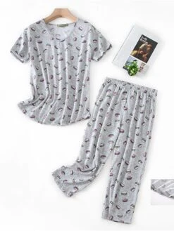 Women's Pajamas Pajama Top And Pant Sets Animal Cartoon Fashion Casual Soft Home Daily Bed Cotton Breathable Crew Neck Short Sleeve T Shirt Tee Pant Summer Spring Pink Navy Blue