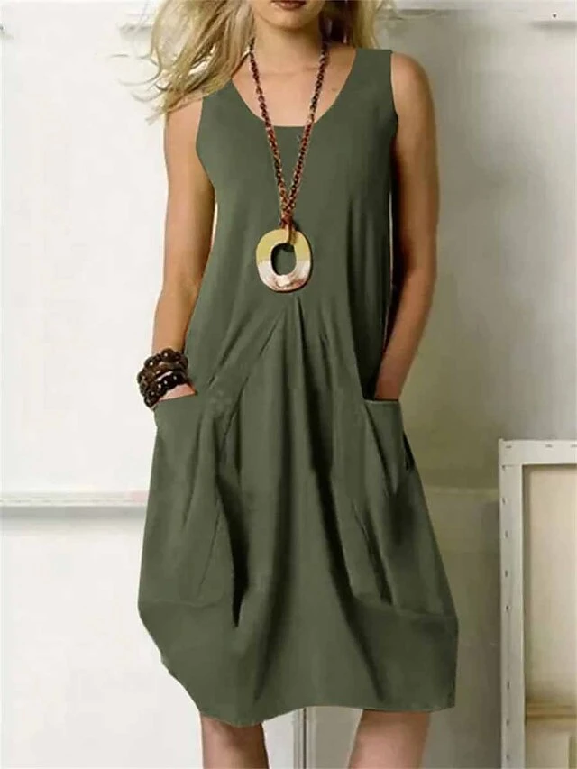 Women's Loungewear Nightshirt Dress Pure Color Fashion Casual Soft Home Street Daily Cotton Breathable Crew Neck Sleeveless Dress Pocket Summer Spring Army Green Orange 4 Women's Loungewear Nightshirt Dress Pure Color Fashion Casual Soft Home Street Daily Cotton Breathable Crew Neck Sleeveless Dress Pocket Summer Spring Army Green Orange - Image 2