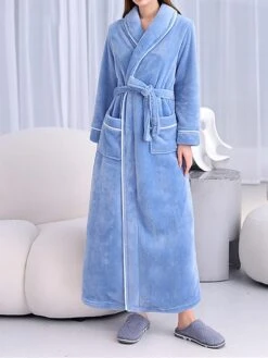 Couple‘s Flannel Bathrobe Pajamas Patchwork Warm Simple Plush Home Bed Warm Breathable V Wire Long Sleeve Pocket Fall Winter -Ladies Pajamas Store uppgxr1696232023172