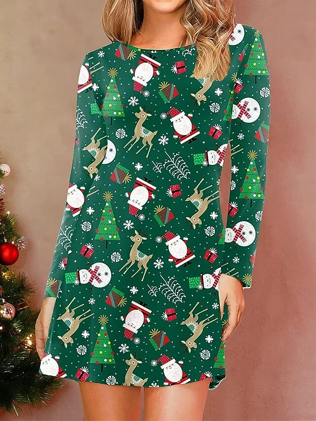 Women's Christmas Nightgown Xmas Nightshirt Dress Santa Claus Elk Casual Comfort Sweet Polyester Breathable Crew Neck Long Sleeve Fall Winter Green 6 Women's Christmas Nightgown Xmas Nightshirt Dress Santa Claus Elk Casual Comfort Sweet Polyester Breathable Crew Neck Long Sleeve Fall Winter Green - Image 4