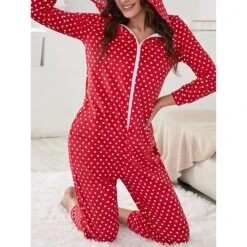 Women's Onesie Pajamas Elk Dot Warm Casual Xmas Home Christmas BedHoodie Long Sleeve Fall Winter Red -Ladies Pajamas Store usuhun1695023630608