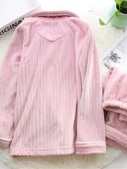 Women's Pajamas Sets Pure Color Warm Casual Soft Home Daily Bed Polyester Breathable Lapel Long Sleeve Shirt Pant Button Pocket Fall Winter Pink -Ladies Pajamas Store utbewc1692348361502