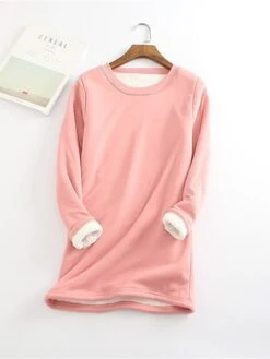 Women's Fleece Lounge Top Pure Color Warm Fashion Casual Home Street Daily Cotton Warm Crew Neck Long Sleeve Pullover Winter Denim Blue Melon Red -Ladies Pajamas Store utedvv1693986234760