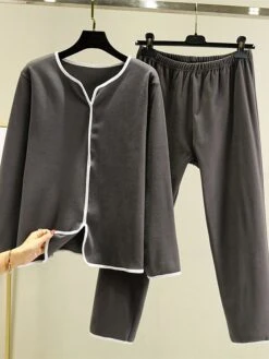 Women's Pajamas Sets Patchwork Warm Fashion Plush Home Daily Bed Cotton Warm Breathable V Wire Long Sleeve Shirt Pant Button Fall Winter Korean Fans Yellow -Ladies Pajamas Store uuhreo1695281891984