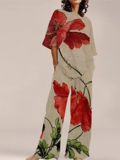 Women's Loungewear Sets 2 Pieces Flower Simple Comfort Sweet Home Daily Polyester Breathable Crew Neck Short Sleeve Pullover Pant Pocket Summer Spring Yellow Red